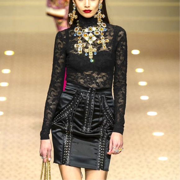NWT Dolce & Gabbana Runway Black Lace-Up Stretch-Satin Mini Skirt IT 44 US L - Picture 1 of 10